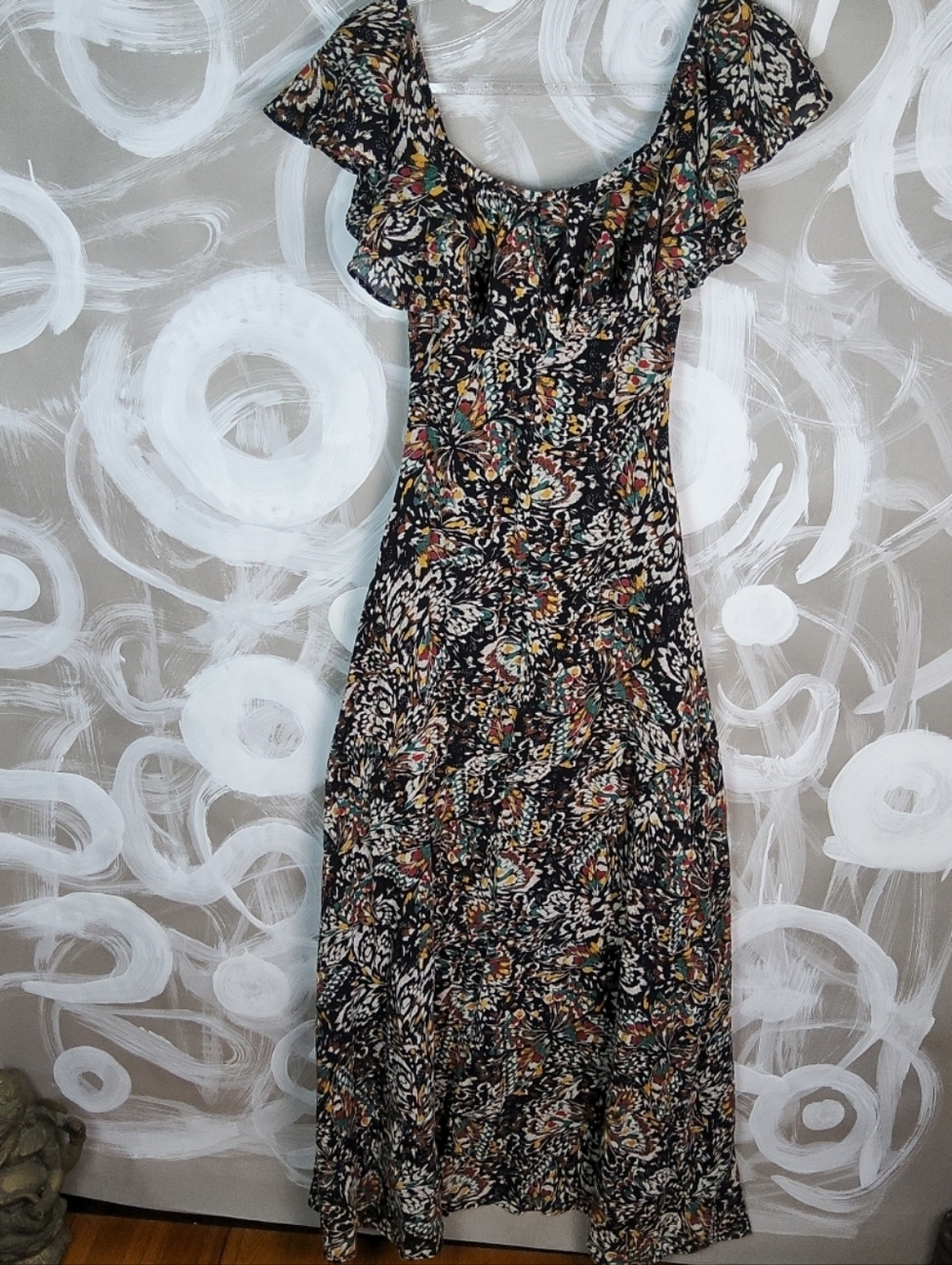 BILA 77 Wmns XS Maxi Dress Multicolor Floral Sexy Fit Ruffle Scoop Neck BohoCore
